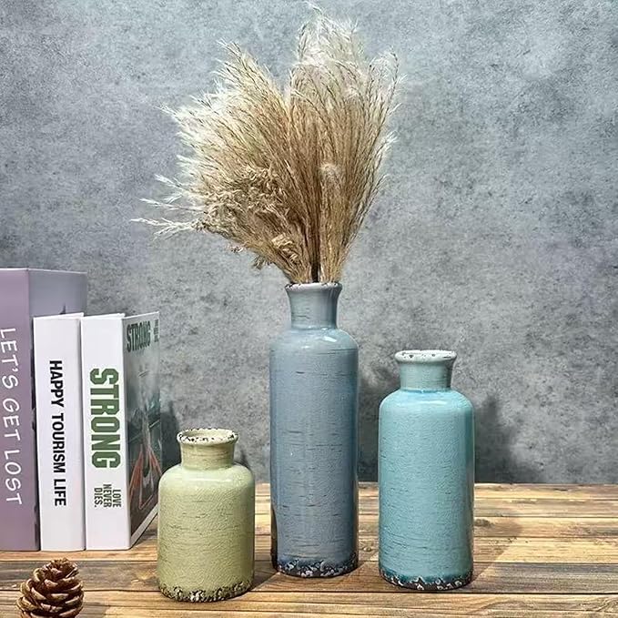 Ceramic Vase Set of 3,Small Rustic Vintage Decorative Vase for Home Decor,Modern Farmhouse Vases for Living Room,Table Shelf,Centerpieces,Fireplace and Entrance Decorative-Multicolor-VerdiqueGarden