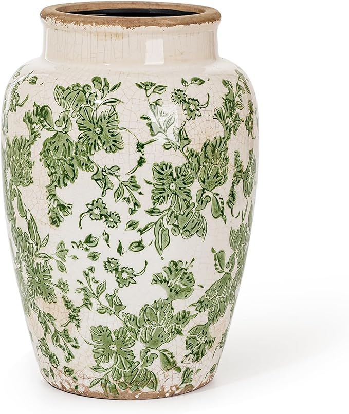Sungmor Ceramic Flower Vase, Vintage Ice Cracked Glaze Porcelain Vase, Pretty Home Decor Vase for Flower Arrangement, Fresh Flowers, 10.2 Inch Tall Chinoiserie Pottery Vase, Green Floral Pattern-VerdiqueGarden