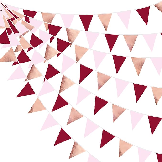 Burgundy Party Decorations Rose Gold Maroon Pink Fabric Triangle Pennant Banner Pink Garnet Flag Bunting Garland for Graduation Wedding Birthday Bridal Shower Bachelorette Anniversary Party Supplies-VerdiqueGarden