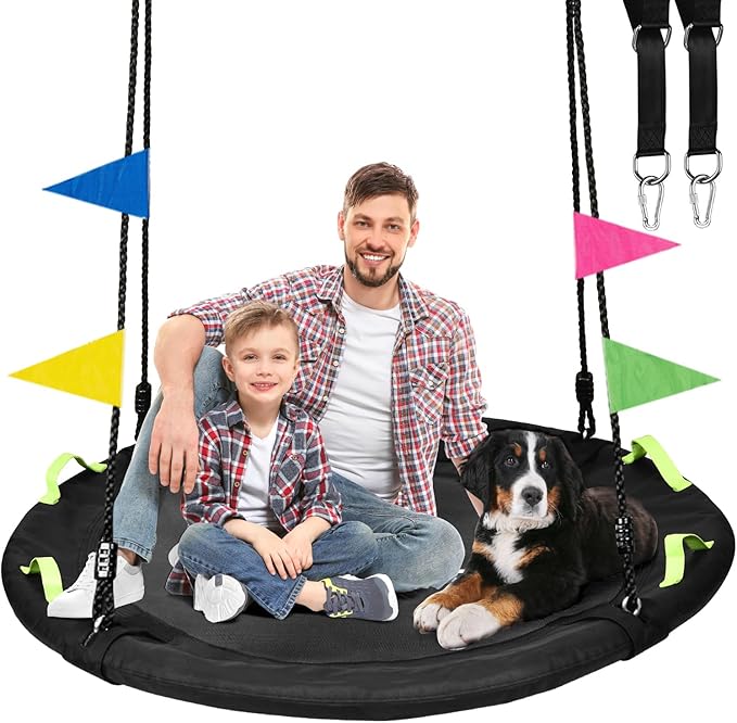 48 inch Tree Swing, Larger Saucer Flying Swing for Whole Family, 900lbs Weight Capacity, with Adjustable Hanging Straps, for Outdoor Backyard, Gifts for Kids, Black-VerdiqueGarden