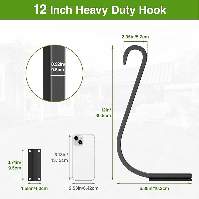 12 Inch 4 Pack Plant Hangers for Indoor/Outdoor Wall Mount - Heavy Duty Hanging Plant Holder & Bird Feeder Hooks, Decorative Black Metal Wall Hangers for Plants, Flower Baskets-VerdiqueGarden