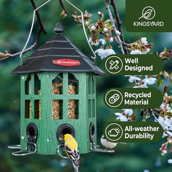 Kingsyard Wild Bird Feeder for Outdoor Hanging, Recycled Plastic Bird Feeders with 6 Ports & U-Shape Perch, Garden Yard Outside Decoration, 3.5 lbs Seed Capacity, Green-VerdiqueGarden