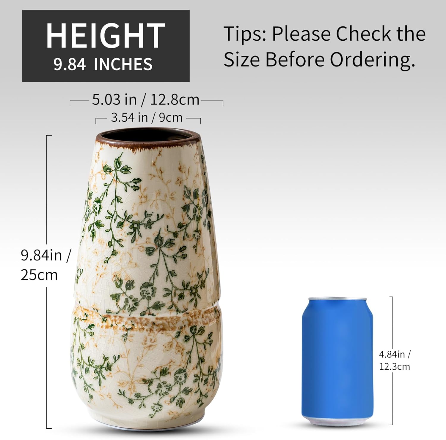 Vintage Green and Beige Vase, Large Round Ceramic Floral Vases, Retro Ice Cracked Chinoiserie Vase for Home Decor, Living Room, Bookshelf, Office, Bedroom and Shelf, Rustic Table Centerpiece 10 Inch-VerdiqueGarden