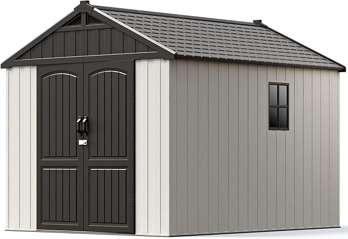 Patiowell 8 x 10 FT Resin Outdoor Storage Shed with Floor, Plastic Shed with Window and Lockable Door for Garden, Backyard, Tool Storage Use, Easy to Install in Beige (Kick-it Shed)-VerdiqueGarden