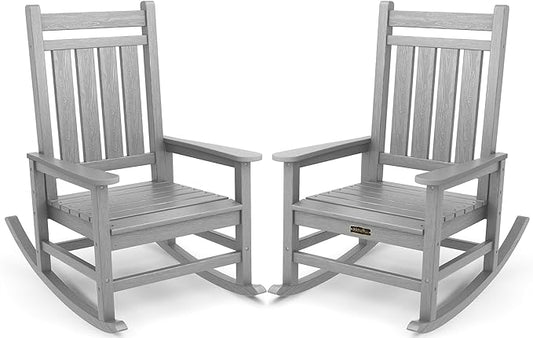 SERWALL Oversized Outdoor Rocking Chair Set of 2, HDPE Rocker for Adults, Patio Rocking Chairs for Porch, Sliver Gray-VerdiqueGarden