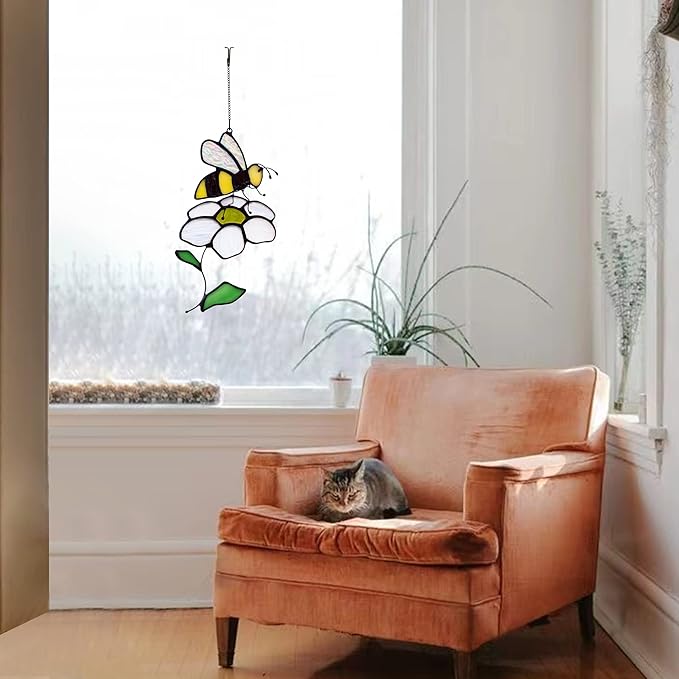 Bee Suncatcher Flower Stained Glass Window Hangings, Bee Decor Party Birthday Bee Gifts for Women,Bee Lovers, Housewarming Gifts.-VerdiqueGarden