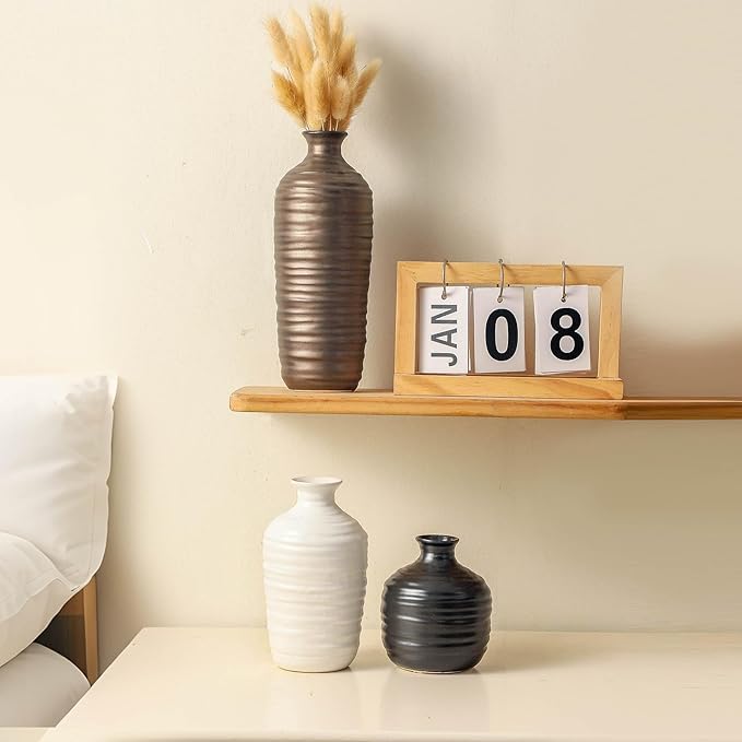 Ceramic Vase Set of 3 Neutral Decorative Vase for Farmhouse, Boho, or Rustic Home Decor Pottery Vases for Living Room Bathroom Table Mantel Fireplace Entryway Shelf (01-Metallic)-VerdiqueGarden