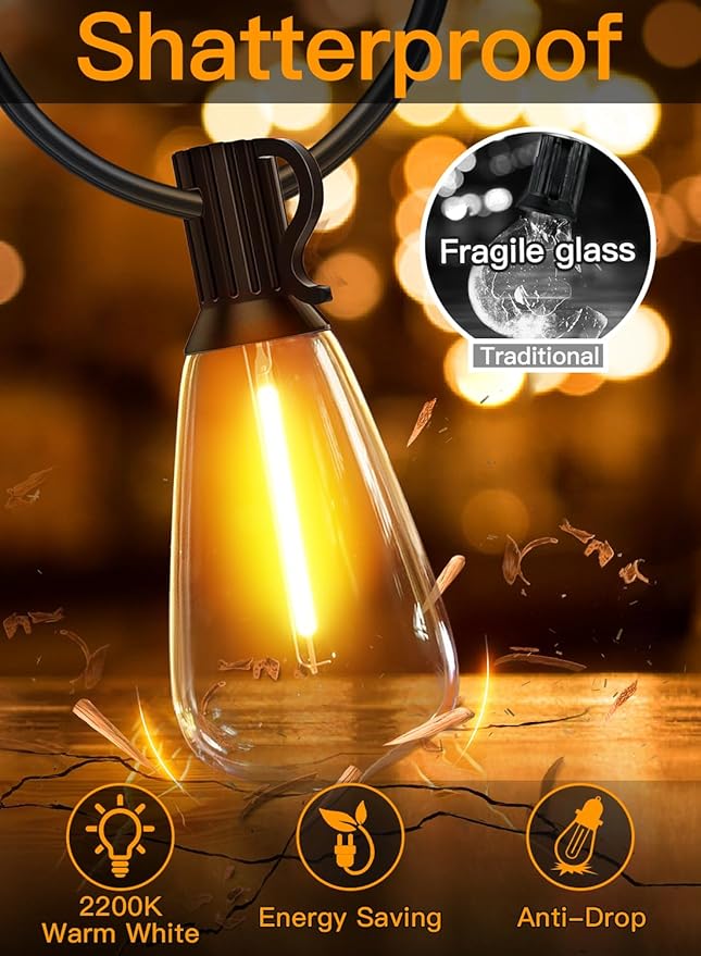 Ollny Outdoor String Lights 160FT, Shatterproof Connectable Patio Lights with 80+4 Spare ST38 Vintage Bulbs, 2200K Warm White Waterproof Outside Hanging Light for Yard Camping Gazebo Porch Balcony-VerdiqueGarden