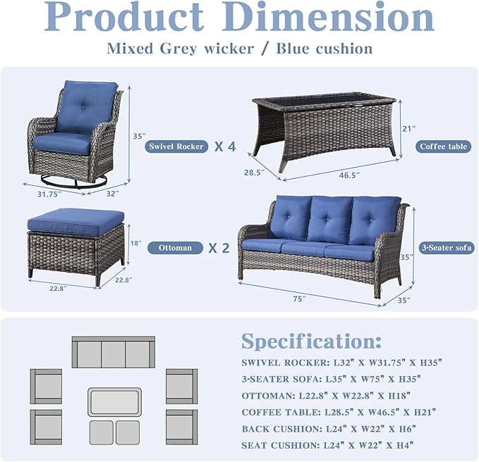 Wicker Patio Furniture Sets - 8 Piece Rattan Outdoor Furniture Conversation Sets with 4 Swivel Rocker Chairs, Rattan Sofa, Wicker Ottomans and Coffee Table, Mixed Grey/Blue-VerdiqueGarden