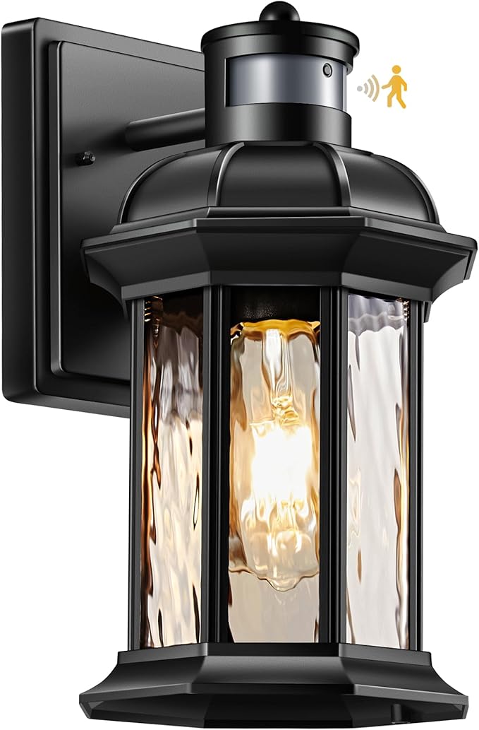 VIANIS Dusk to Dawn Motion Sensor Outdoor Porch Lights, Modern Black Exterior Porch Light Fixtures Wall Mount, Anti-Rust Aluminum Waterproof Wall Lantern With Tempered Ripple Glass For Garage Entryway-VerdiqueGarden