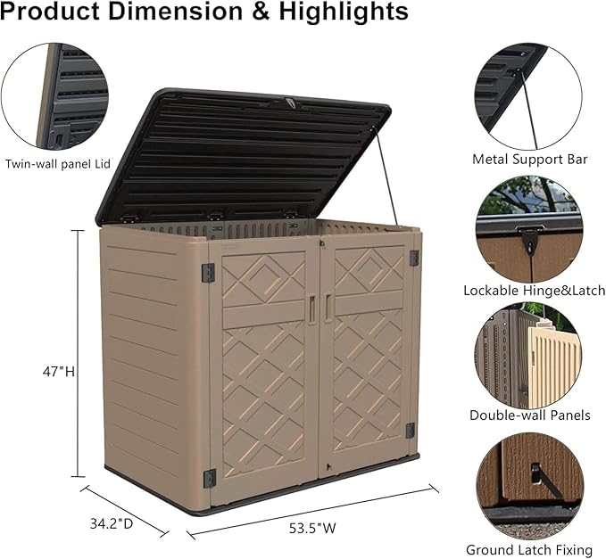 HOMSPARK Storage Shed Weather Resistance, Multi-Purpose Outdoor Storage Cabinet for Backyards and Patios, Horizontal Storage Shed for Lawnmower, Patio Accessories (Coffee, X Large - 48 cu.ft)-VerdiqueGarden