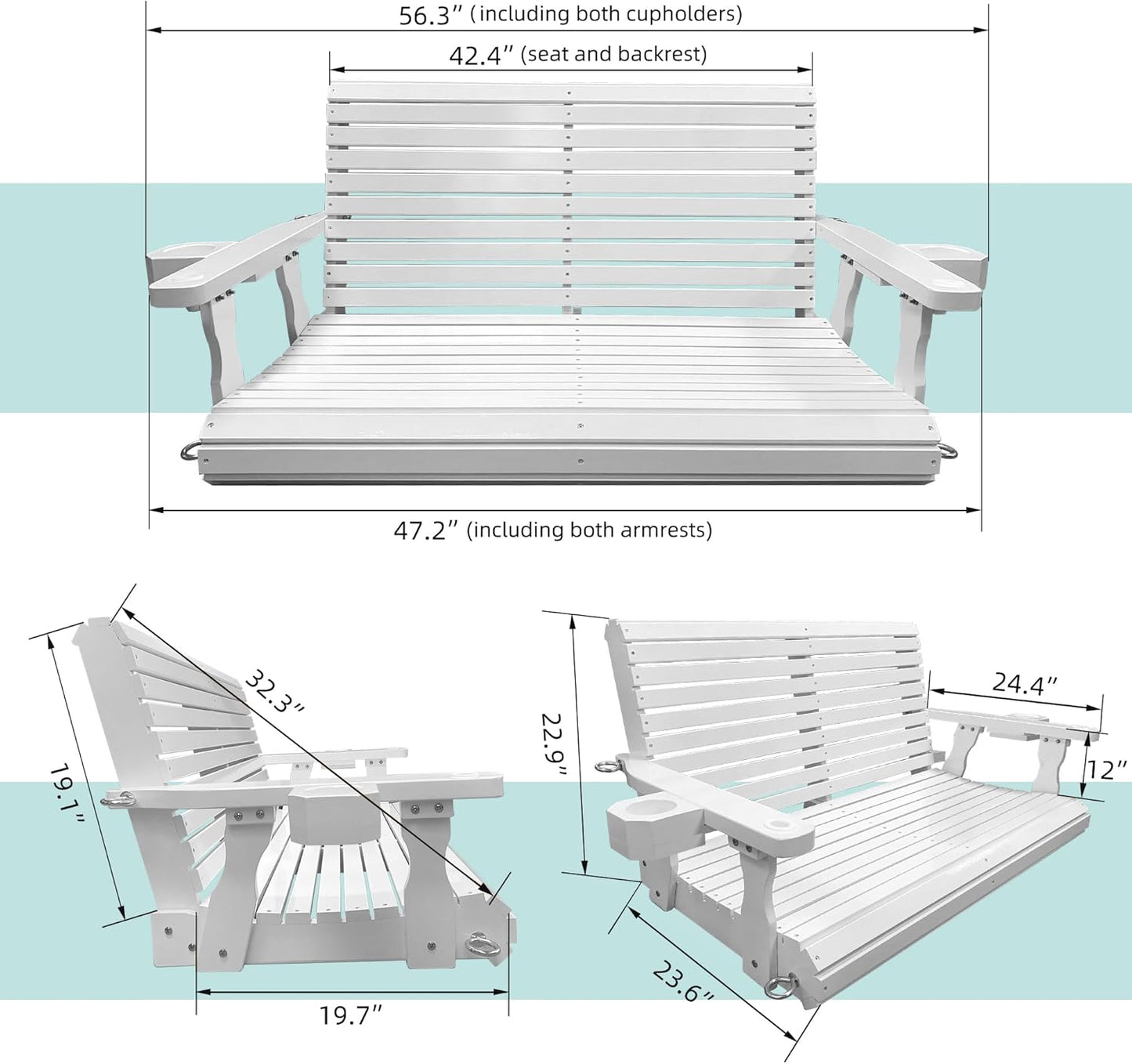 Wooden Porch Swing 2-Seater, Bench Swing with Cupholders, Hanging Chains and 7mm Springs, Heavy Duty 800 LBS, for Outdoor Patio Garden, Pure White, 4 FT Extra Large-VerdiqueGarden