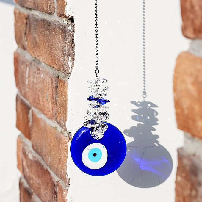 Blue Glass Evil Eye Talisman with Crystal Beads - Good Luck Charm, Home, Office, Car Decoration, Blessing Ornament, Reflects Negative Energy-VerdiqueGarden