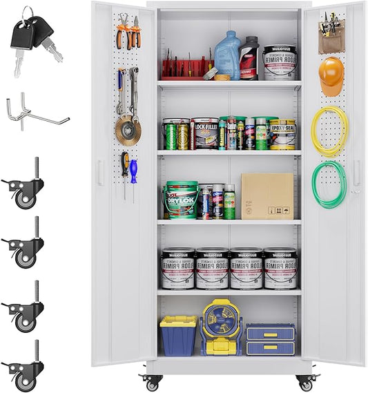 73" H Metal Garage Storage Cabinet with Wheels & Pegboard,Rolling Tool Cabinet with 2 Doors and 4 Shelves for Garage,Home,Office,Warehouse,Workshop, Required-Assembly,White-VerdiqueGarden