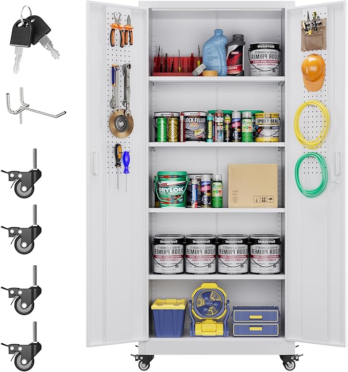 73" H Metal Storage Cabinet with Wheels, Pegboard and 4 Hooks, Garage Storage Cabinet with 4 Adjustable Shelves and 2 Lockable Doors for Garage Home Office, Basement, Assembly Required, White-VerdiqueGarden