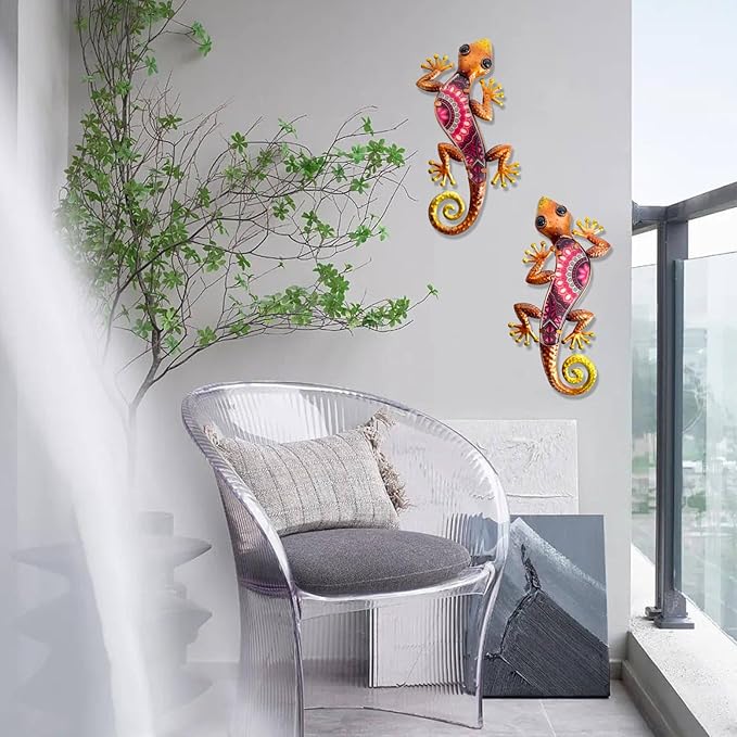 HONGLAND Metal Outdoor Wall Decor 2Pcs Gecko Wall Decoration Lizard Metal Hanging Wall Art Glass Sculpture for Garden Yard Patio Fence (Red)…-VerdiqueGarden