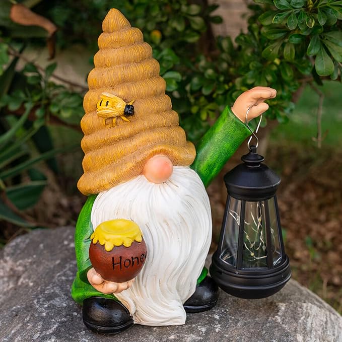 12.3''Solar Garden Gnome Outdoor Decor Honey Bee jar Gnome Statue with LED Lantern Fall Patio Yard Art Decoration Christmas Gardening Birthday Gifts for Women Mom, Honey Bee Gnome-VerdiqueGarden