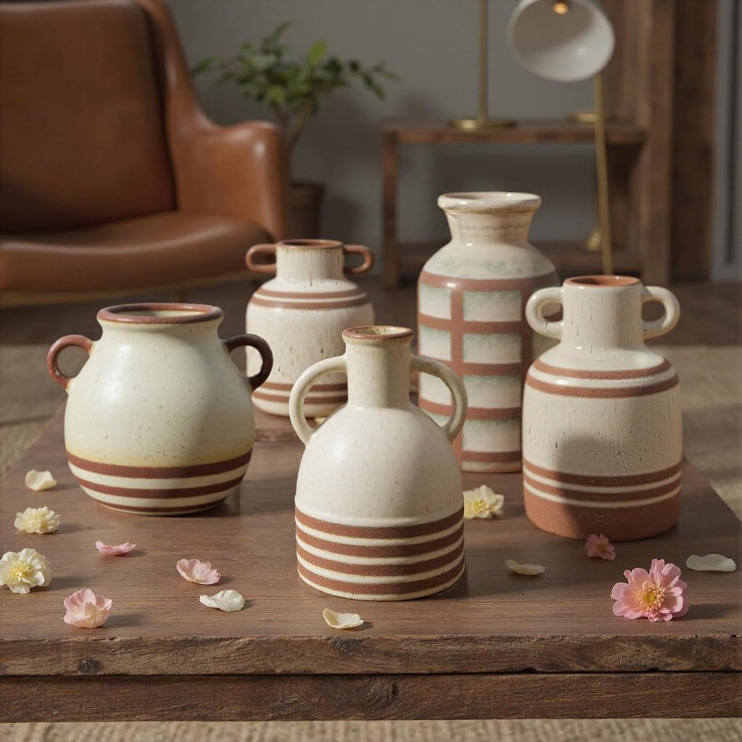 Rustic Farmhouse Ceramic Vase, Pastoral with 2 Ear Design, Boho Vintage Terracotta Vases for Bouquet、Fake Plants, Suitable for Home Decor, Shelf, Dining Table, Living Room, Mantle, Bathroom, 6.9 Inch-VerdiqueGarden