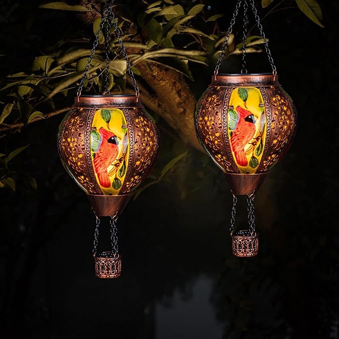 Hot Air Balloon Solar Lantern Outdoor - Flame Hanging Solar Light Waterproof Lanterns for Patio Garden Yard Farmhouse Decor, Great Gift(Cardinal 2)-VerdiqueGarden