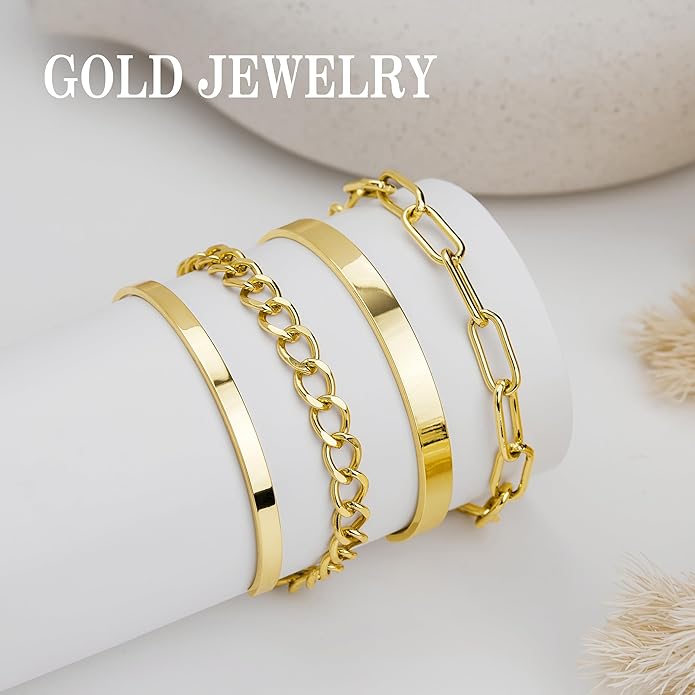 Chunky Gold Bracelets Stack for Women Non Tarnish, Waterproof 14K Gold Plated Bangle Cuff Bracelets Set for Women Trendy Thick Layered Cuban Link Chain Paperclip Rope Stackable Bracelet for Jewelry Gifts