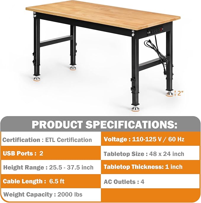 Adjustable Height Workbench, 48" Rubber Wood Top Heavy Duty Workstation with Power Outlets, 2000 LBS Load Capacity Hardwood Worktable for Workshop, Garage, Office, Home, Commercial-VerdiqueGarden