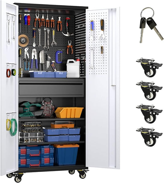 Metal Garage Cabinet with Wheels,71''H Rolling Lockable Steel Tool Storage Cabinet with Pegboard &1 Drawer for Garage,Home,Office,Black Gray, Assembly Required-VerdiqueGarden
