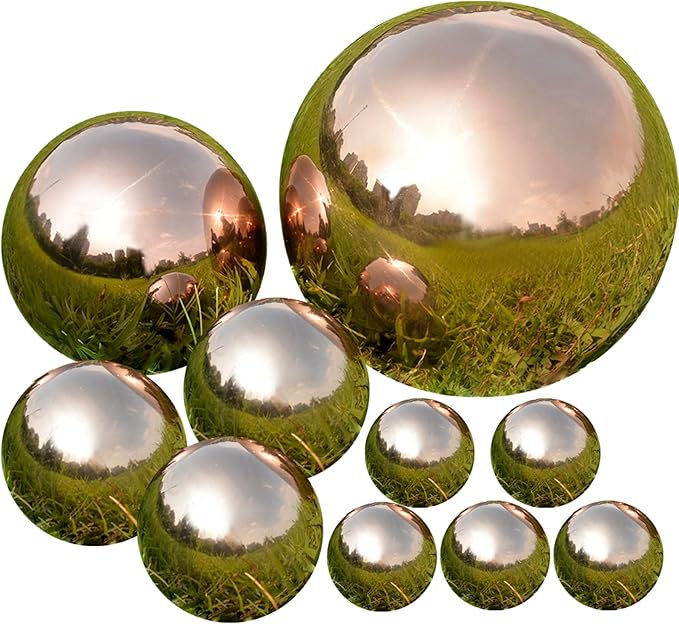 Nerien Gazing Ball, Stainless Steel Garden Mirror Globe, Polished Ornament Sphere, Hollow Floating Reflective Hemisphere, for Home Outdoor Pond Housewarming Swimming Pool Decoration, Rose Gold, 10Pcs-VerdiqueGarden