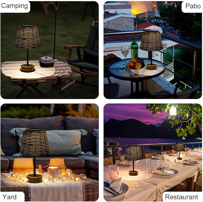 Solar Rattan Woven Desk Lamp, Outdoor Table Lamps for Patio, Garden, Bedroom, Living Room (Black)-VerdiqueGarden