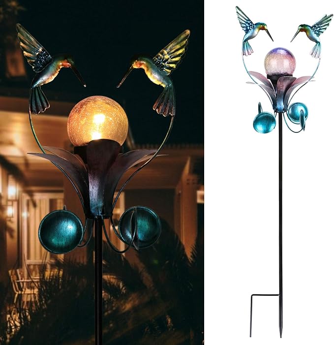 VCUTEKA Solar Lights Outdoor Metal Garden Stake Waterproof Crackle Glass Globe Garden Decor Hummingbird for Pathway, Lawn, Patio, Yard-VerdiqueGarden