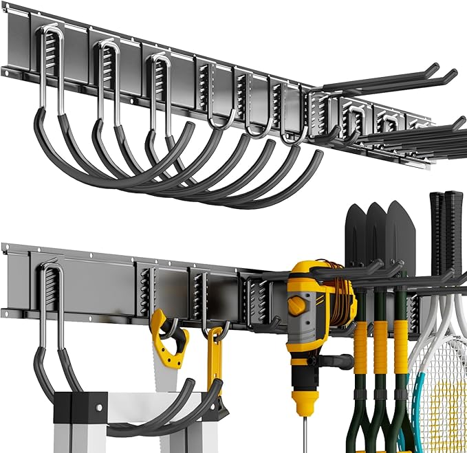 Garage Organization Tool Organizer Wall Mount, 64inch Heavy Duty Garden Tool Organizer Storage System, Easy Install with 10 Adjustable Hooks, for Garage, Basement, Shed, Workshop(Black)-VerdiqueGarden