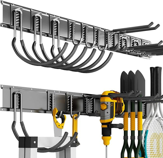 Garage Organization Tool Organizer Wall Mount, 64inch Heavy Duty Garden Tool Organizer Storage System, Easy Install with 10 Adjustable Hooks, for Garage, Basement, Shed, Workshop(Black)-VerdiqueGarden