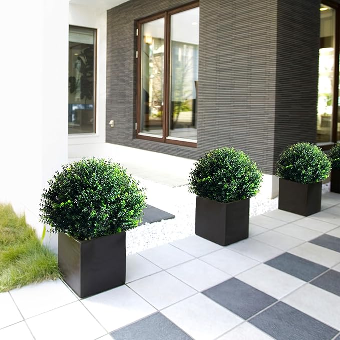 Yunlly 2 Pcs 18 Inch Artificial Boxwood Ball Topiary Tree Fake Outdoor Plants Bush, UV Resistance Faux Shrubs with Spike Realistic Greenery Potted for Indoor Garden Yard Porch Patio Decor (Dark Green)-VerdiqueGarden