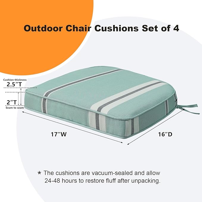 Round Corner Seat Cushions, 17" x 16" x 2", Set of 4, Indoor Outdoor Water Repellent Universal Chair Pads with Ties for Patio Furniture, Garden Deck Dining Chairs, Aqua Stripe-VerdiqueGarden