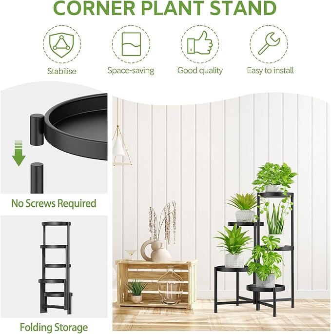 iDavosic.ly 5 Tier Large Plant Stand Indoor with 10 Inch Wide Tray, Tiered Corner Metal Outdoor Flower Display Holder Shelf, Folding Tall Rack for Patio Porch Living Room, Modern Black-VerdiqueGarden