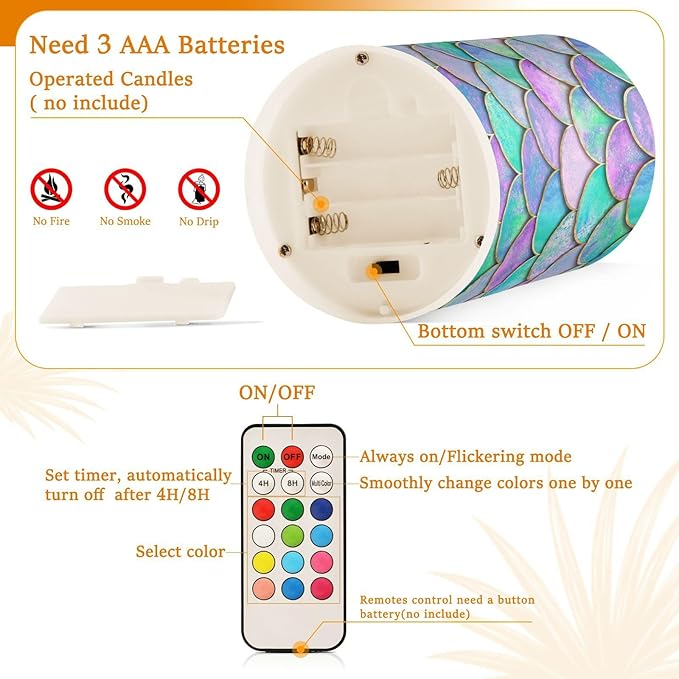 Vdsrup Flameless Candles Set of 2 Purple Teal LED Candles with Timer Battery Operated Mermaid Scale Candle Lights Flickering with Remote for Home Bedroom Decor-VerdiqueGarden