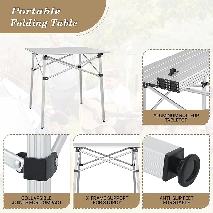 Athena Collection Foldable Camping Table, 28" Small Aluminum Outdoor Folding Camp Table with Roll Up Tabletop and Carry Bag, Lightweight and Portable for Outdoor Camping Picnic Grilling, Silver-VerdiqueGarden