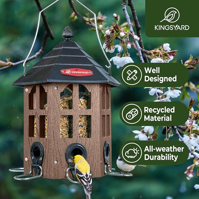 Kingsyard Wild Bird Feeder for Outdoor Hanging, Recycled Plastic Bird Feeders with 6 Ports & U-Shape Perch, Garden Yard Outside Decoration, 3.5 lbs Seed Capacity, Brown-VerdiqueGarden