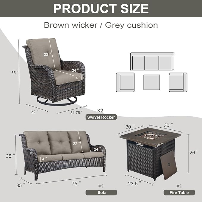 Outdoor Patio Furniture Set with 50000BTU Propane Fire Pit Table, 4 Pieces Wicker Patio Conversation Set with 2 Swivel Rocker Glider Chairs Rattan Sofa Grey Cushion Perfect for Gathering-VerdiqueGarden