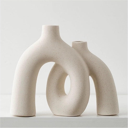 Hug Donut Decorative Vase Set - Modern Nordic Boho Style Vases Home Decor, Matte Ceramic Decorations for Living Room Shelf, Bookshelf Mantle Entryway Table or Console Décor (Cream White)-VerdiqueGarden
