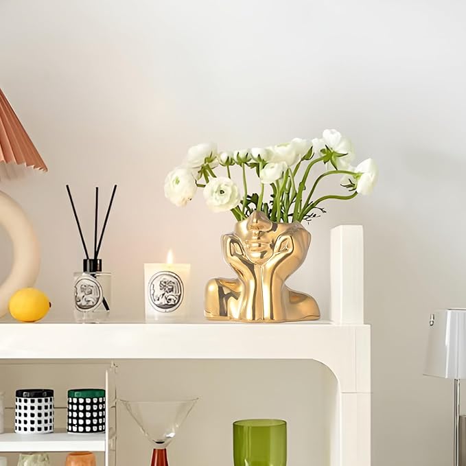 Gold Ceramic Human Face Decorative Vase - Shy Posture Modern Art Desktop Display for Bookshelf, Living Room, Office, Bedroom-VerdiqueGarden