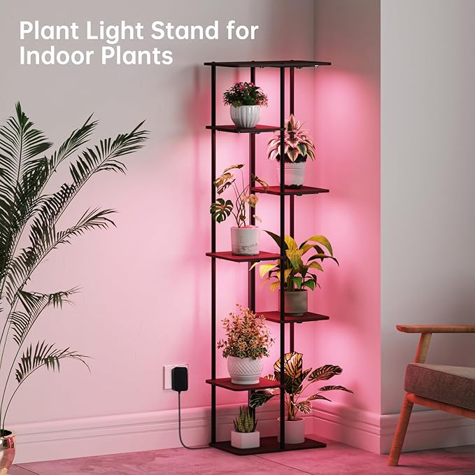 Indoor Plant Stand with Grow Lights , 7 Tier Corner Wooden Tall Grow Light Stand for Indoor Plants , Full Spectrum Dimmable 50W(5x10W) LED Grow Light Panel with Timer for Garden , Living Room-VerdiqueGarden