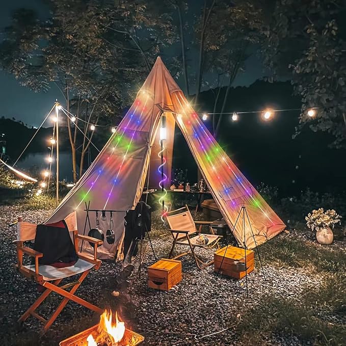 Camping Lantern with 49.2FT String, 2 in 1 Outdoor RGB String Lights with 4 Modes & 5 Modes Rechargeable Camping Lamp IPX4 Waterproof Portable LED Tent Light for Outdoor Yard Garden Decoration-VerdiqueGarden