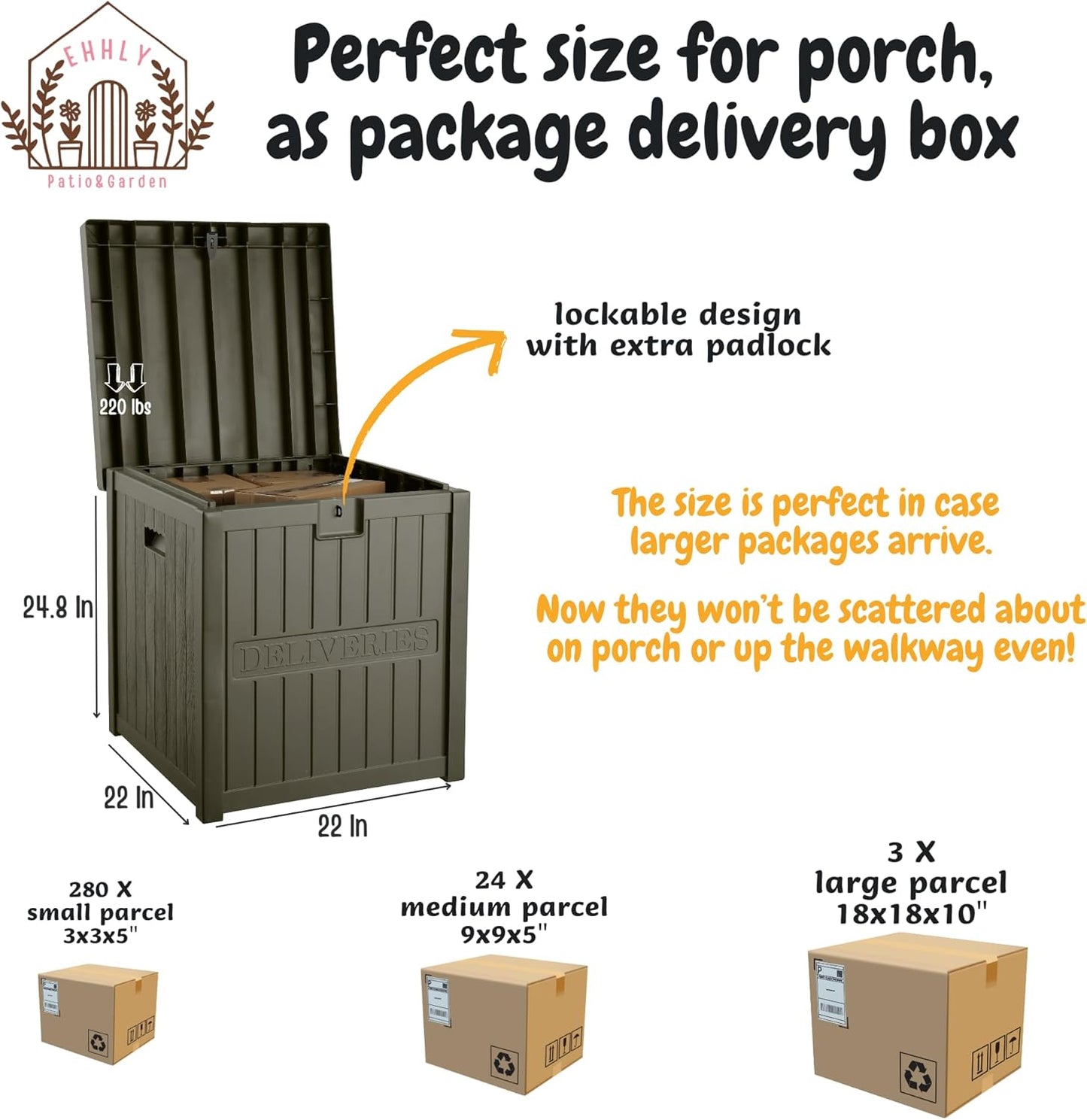51 Gallon Resin Package Delivery Box for Outside, Lockable Secure Bin for Front Porch, Large Deck Boxes Outdoor Waterproof, Driver Snack Box, Olive-VerdiqueGarden