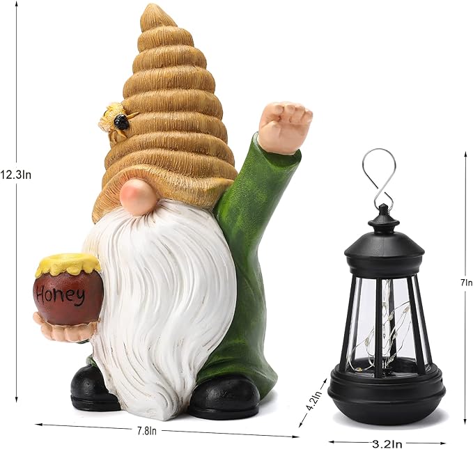 12.3''Solar Garden Gnome Outdoor Decor Honey Bee jar Gnome Statue with LED Lantern Fall Patio Yard Art Decoration Christmas Gardening Birthday Gifts for Women Mom, Honey Bee Gnome-VerdiqueGarden