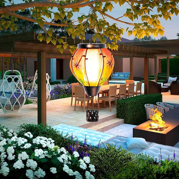 Starsoul Dragonfly Hot Air Balloon Solar Lantern Outdoor Glass Hanging Hot Air Balloon Lantern with Flame Light Waterproof for Patio Pathway Yard Porch Backyard Decor-VerdiqueGarden