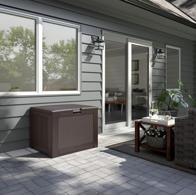 Rubbermaid Medium Resin Outdoor Storage Deck Box (74 Gal) Weather Resistant Brown Deck Organization for Home/Backyard/Pool Chemicals/Toys/Garden Tools/Porch/Patio Cushions-VerdiqueGarden