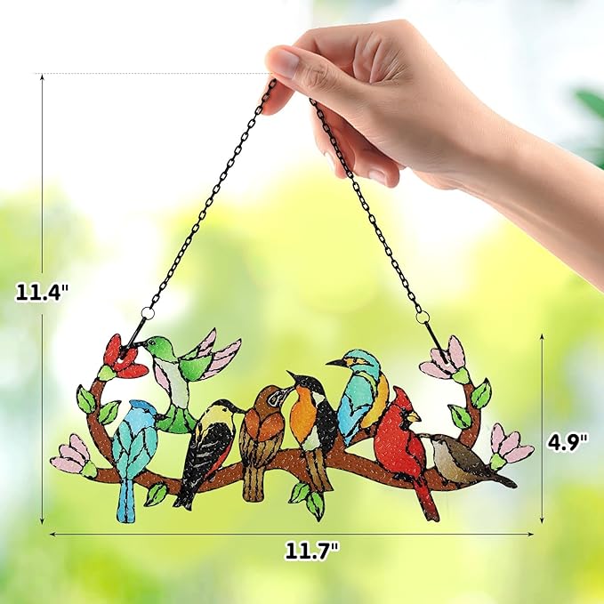 Huray Rayho Birds On Branch Stained Glass Suncatcher Cardinal Hummingbird Kingfisher Double Side Glass Panel Window Hanging Decor Bird Ornament Bird Lover Gift for Mom Grandma-VerdiqueGarden