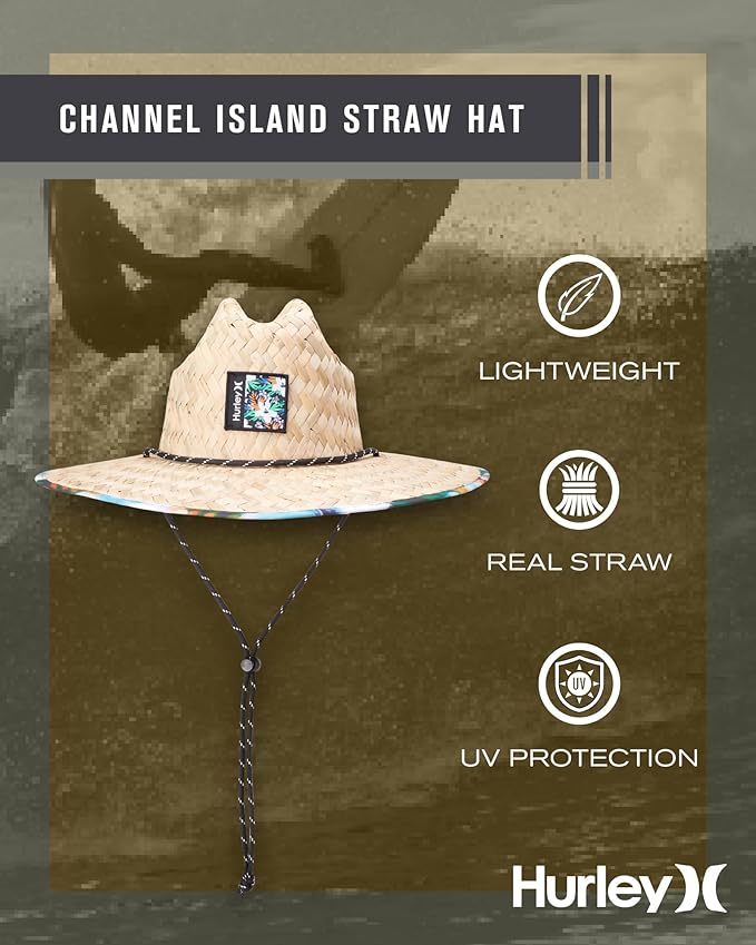 Hurley Men's Straw Hat - Wide Brim Channel Island Lifeguard Hat - Stylish Sun Hats for Men with Chin Strap-VerdiqueGarden