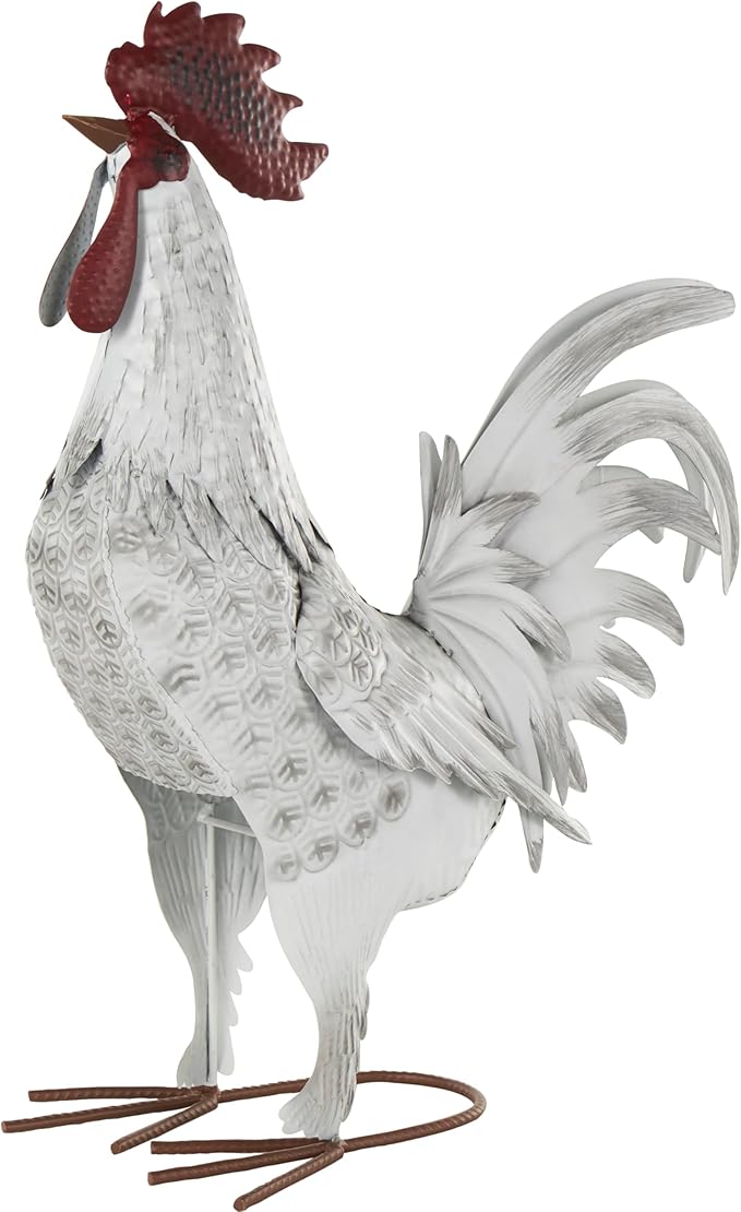 Deco 79 Metal Rooster Decorative Garden Sculpture Garden Statue with Black Texturing and Red Accents, Outdoor Sculpture 15" x 6" x 18", White-VerdiqueGarden