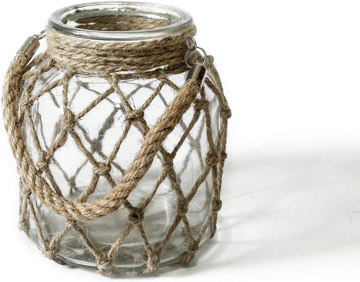 Rustic Hanging Mason Nautical Jar Creative Rope Net Dry Flower Glass Vase with Handle 6.5 Inch-VerdiqueGarden